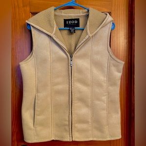 Izod Faux Fleece Vest S Hood Pockets Zip Soft Warm Tan